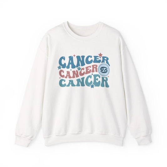 light pink sweatshirt with retro cancer astrology design and celestial accents