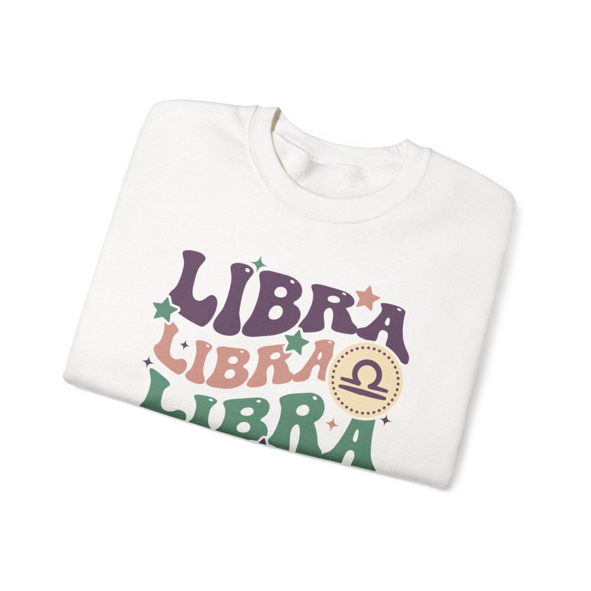 close-up of retro libra zodiac design on sweatshirt showing vintage typography detail