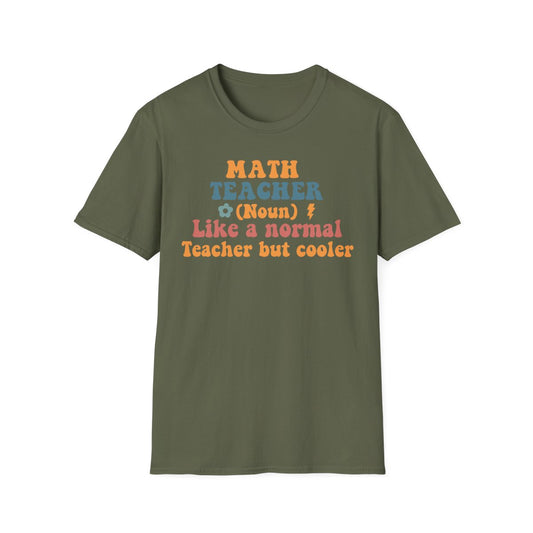 black t-shirt with colorful retro math teacher typography