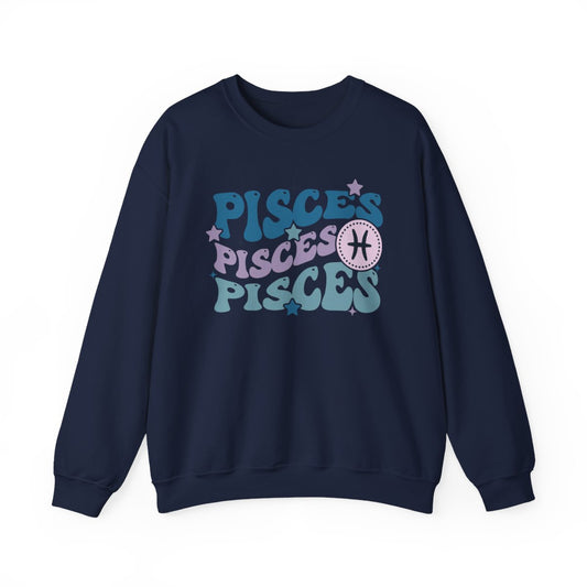 navy sweatshirt with celestial Pisces astrology graphic and pastel colour accents