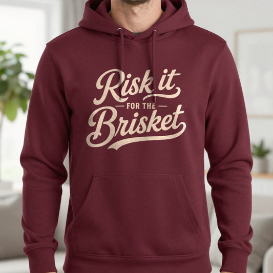 Risk It for the Brisket BBQ Hoodie in Maroon, worn, our photo