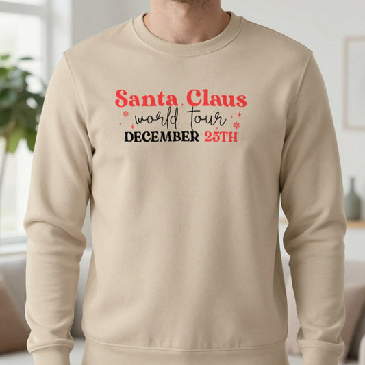 Santa Claus World Tour Christmas Sweatshirt in Sand, worn, our photo