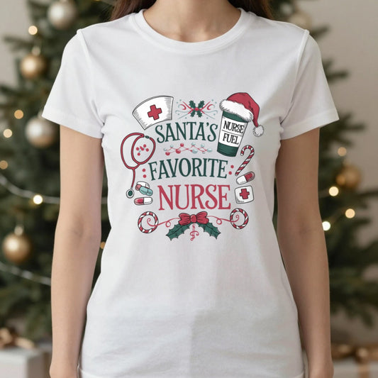 Santa's Favorite Nurse Christmas T-Shirt in White, worn, our photo