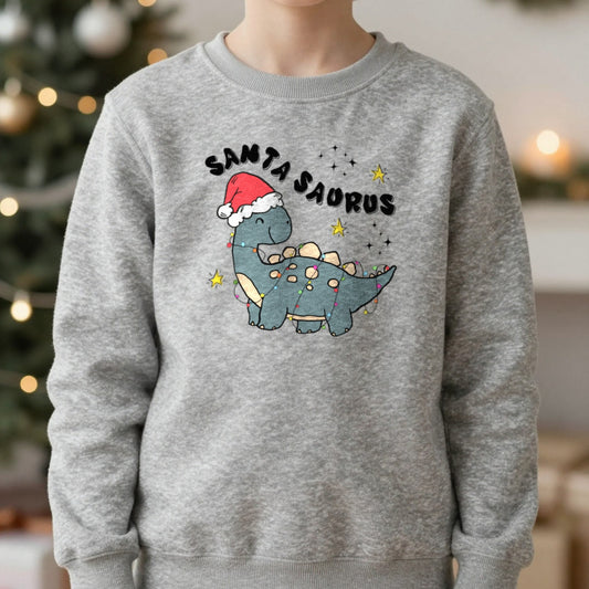 Santasaurus Youth Christmas Sweatshirt in Sport Grey, worn, our photo