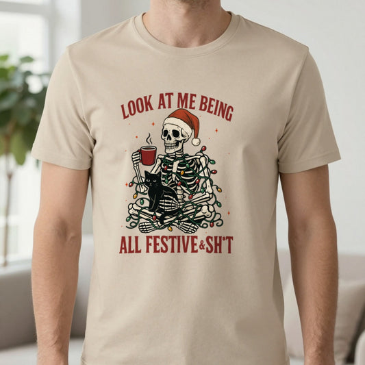 Skeleton Christmas Jumper – Funny Festive & Sh*t Sweatshirt in Beige (T-Shirt), worn, our photo