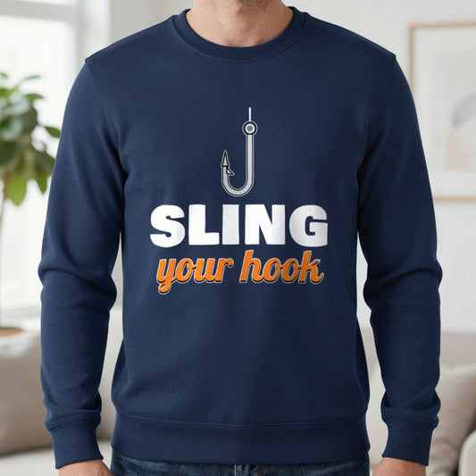 Sling Your Hook Funny Fishing T-Shirt & Sweatshirt in Navy (Sweatshirt), worn, our photo