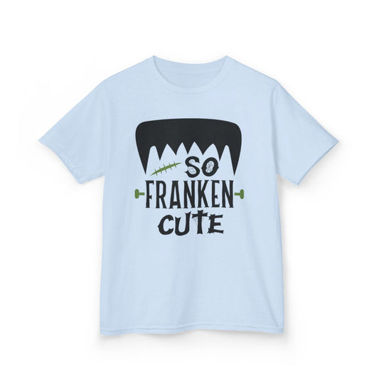 light blue kids t-shirt with funny frankenstein monster halloween graphic