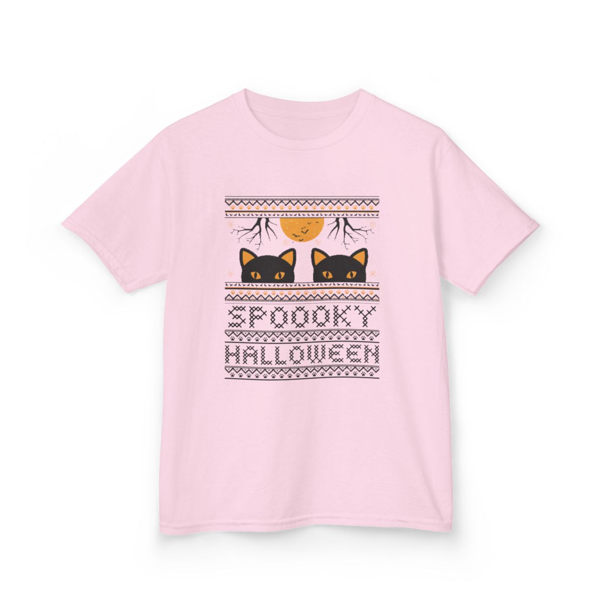 light blue kids t-shirt with playful black cat and festive halloween design