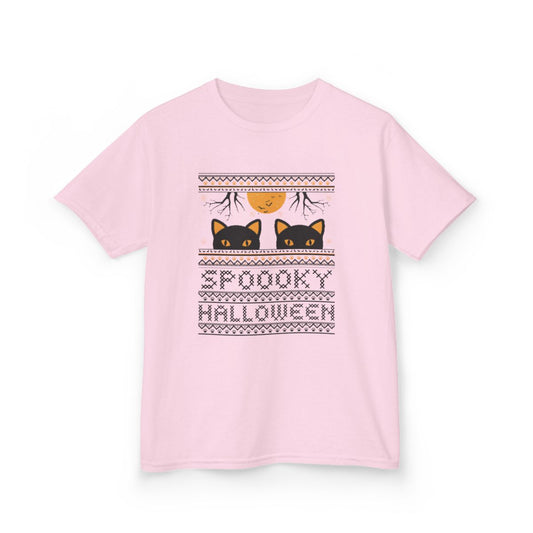 light blue kids t-shirt with playful black cat and festive halloween design