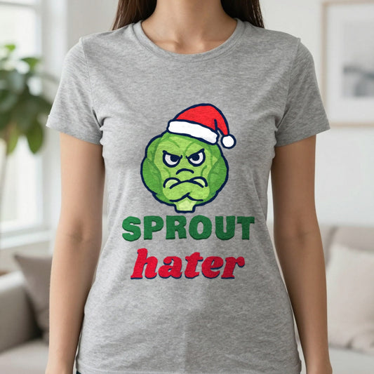 Sprout Hater Christmas Jumper & T-Shirt in Sport Grey (T-Shirt), worn, our photo