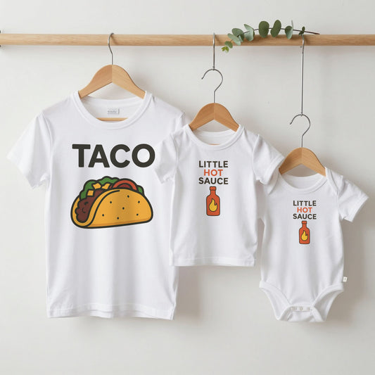 Taco & Little Hot Sauce grown-up tee, kids tee and baby grow on hangers