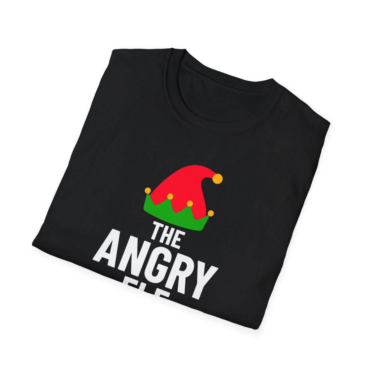 close-up of angry elf christmas print on soft cotton t-shirt