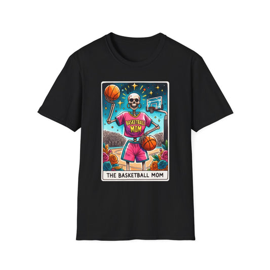 white t-shirt with basketball mom tarot design front and back view