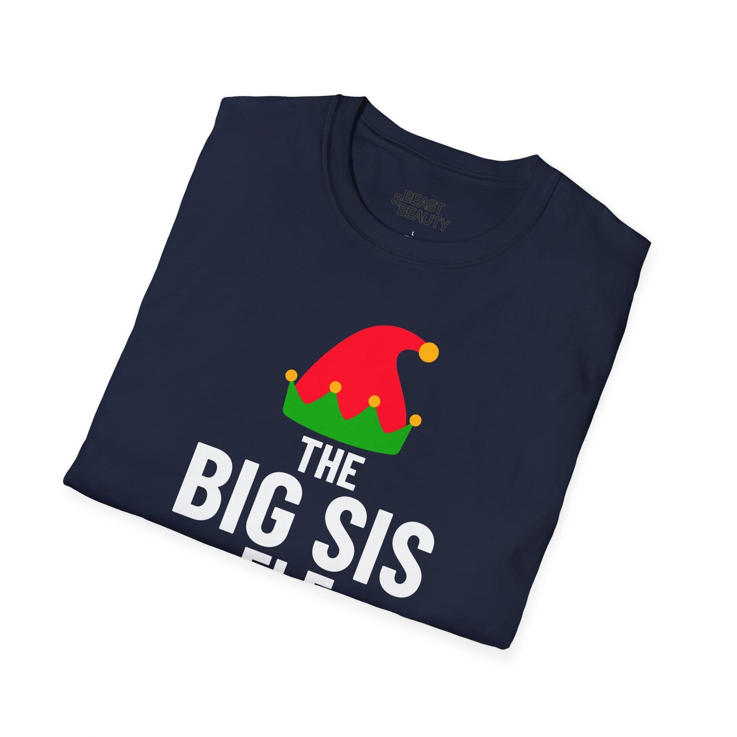 big sis elf Christmas t-shirt lifestyle shot for festive family matching
