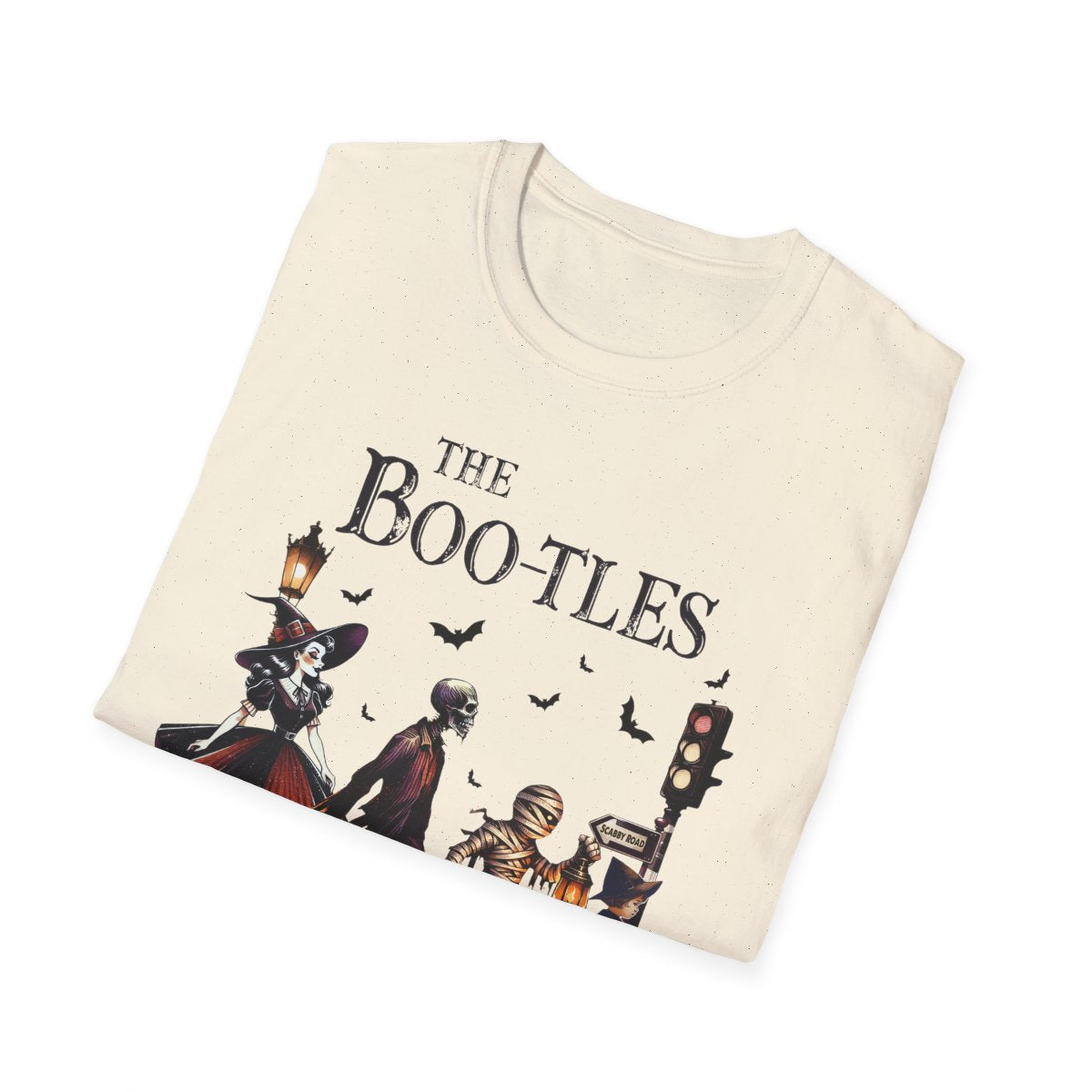 white t-shirt with the bootles parody design worn as an everyday funny tee