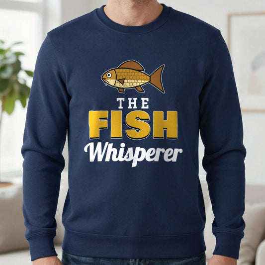 The Fish Whisperer Funny Fishing T-Shirt & Sweatshirt in Navy (Sweatshirt), worn, our photo