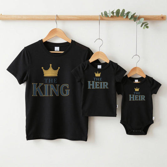 The King & The Heir grown-up tee, kids tee and baby grow on hangers