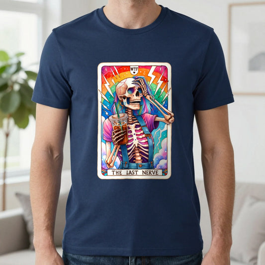 The Last Nerve Skeleton Tarot T-Shirt in Navy, worn, our photo