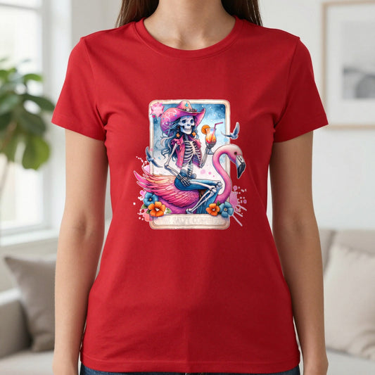 The Salty Cowgirl Tarot Graphic T-Shirt in Red, worn, our photo