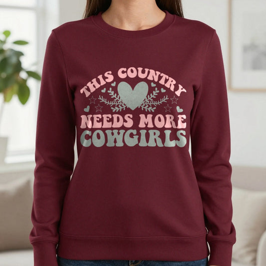 This Country Needs More Cowgirls Sweatshirt in Maroon, worn, our photo