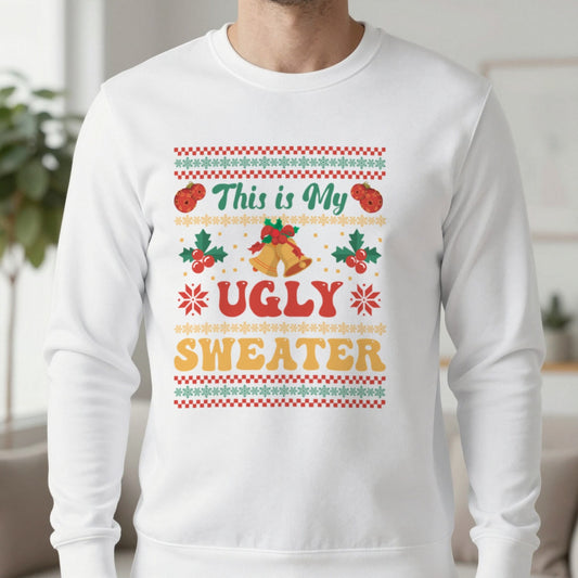 This Is My Ugly Sweater Christmas T-Shirt in White, worn, our photo