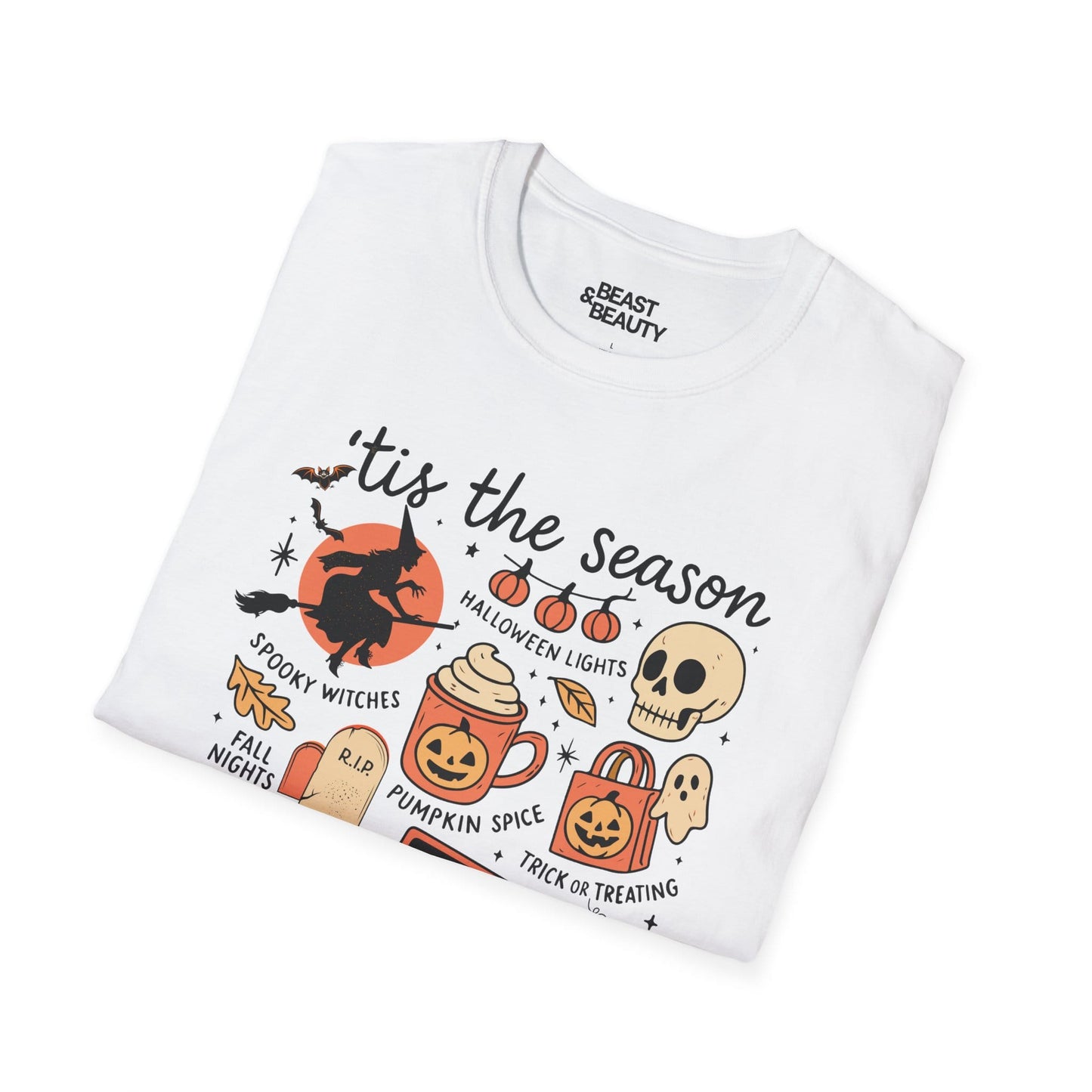 white unisex halloween t-shirt with cosy fall and spooky season collage artwork