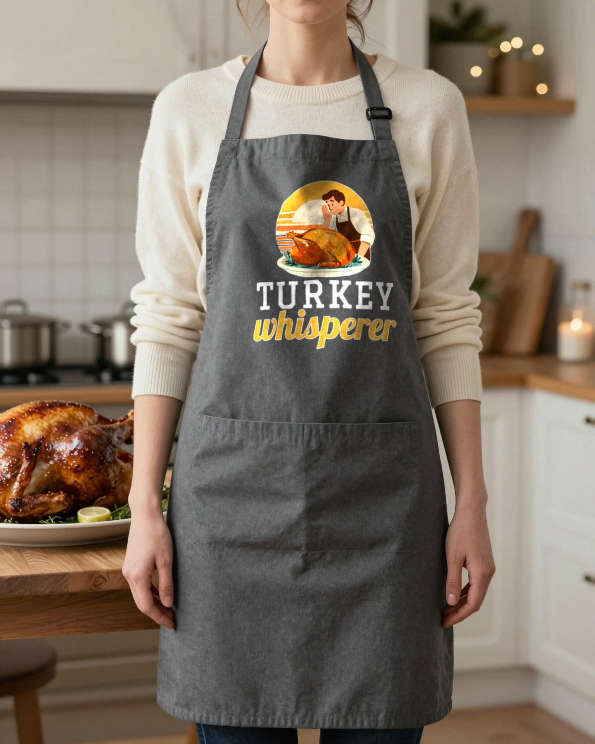 Turkey Whisperer Christmas apron in Dark Grey, worn, our photo