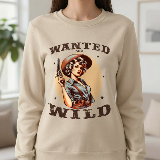 Wanted and Wild Cowgirl Sweatshirt in Sand, worn, our photo