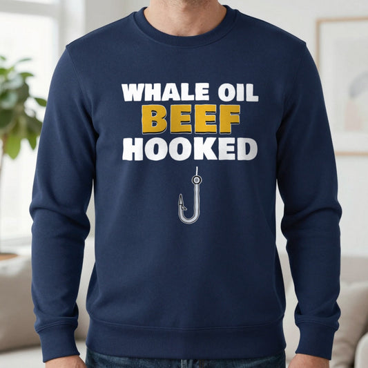 Whale Oil Beef Hooked Funny Fishing T-Shirt & Sweatshirt in Navy (Sweatshirt), worn, our photo