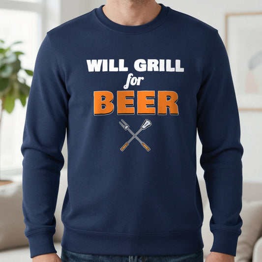 Will Grill For Beer Funny BBQ T-Shirt & Sweatshirt in Navy (Sweatshirt), worn, our photo