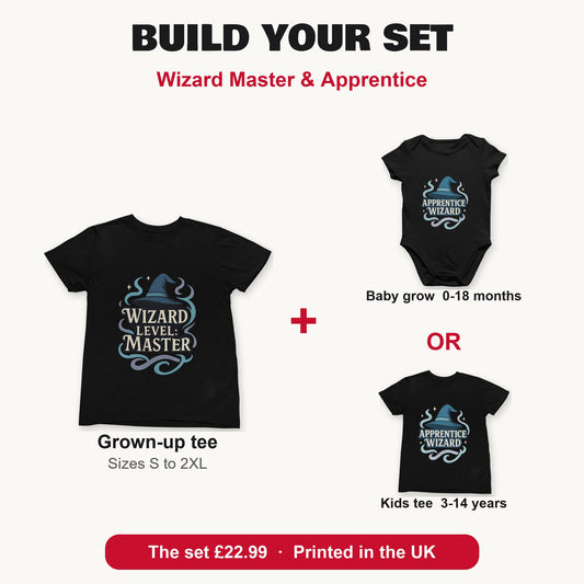 Wizard Master & Apprentice matching set build your set: grown-up tee with baby grow or kids tee