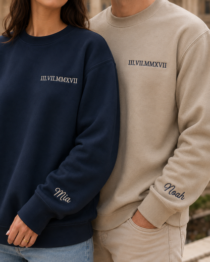 Personalised Embroidered Date Sweatshirt | Roman Numerals + Sleeve Name