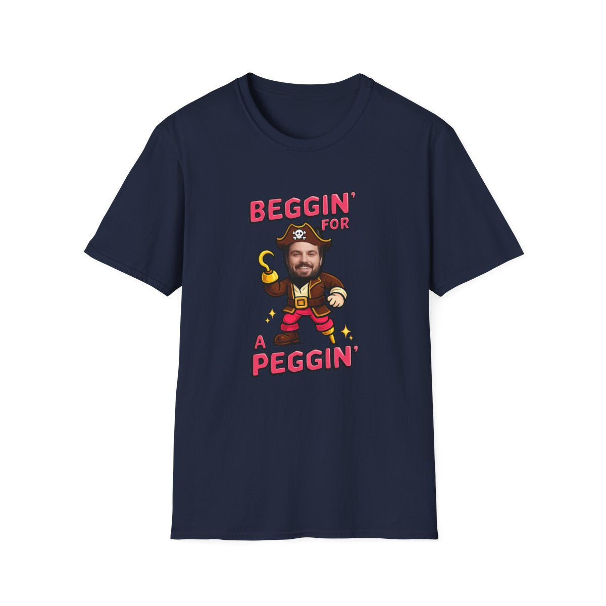 navy t-shirt with beggin for a peggin personalised pirate stag gift design