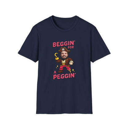 navy t-shirt with beggin for a peggin personalised pirate stag gift design