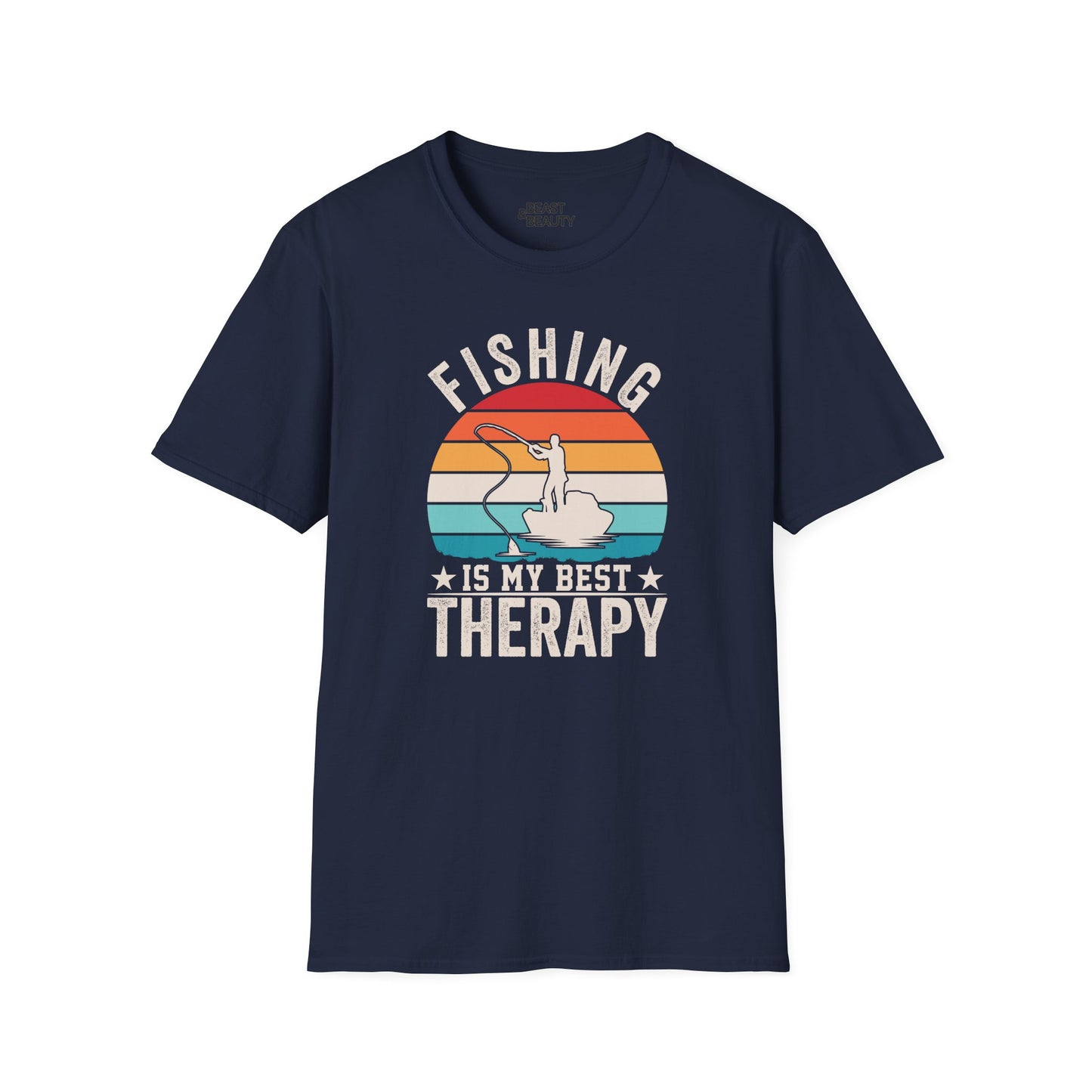 dark heather t-shirt with fishing is my best therapy slogan for anglers