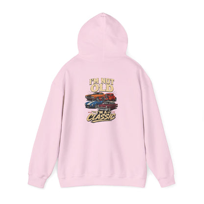 light blue hoodie with I'm not old I'm a classic car graphic