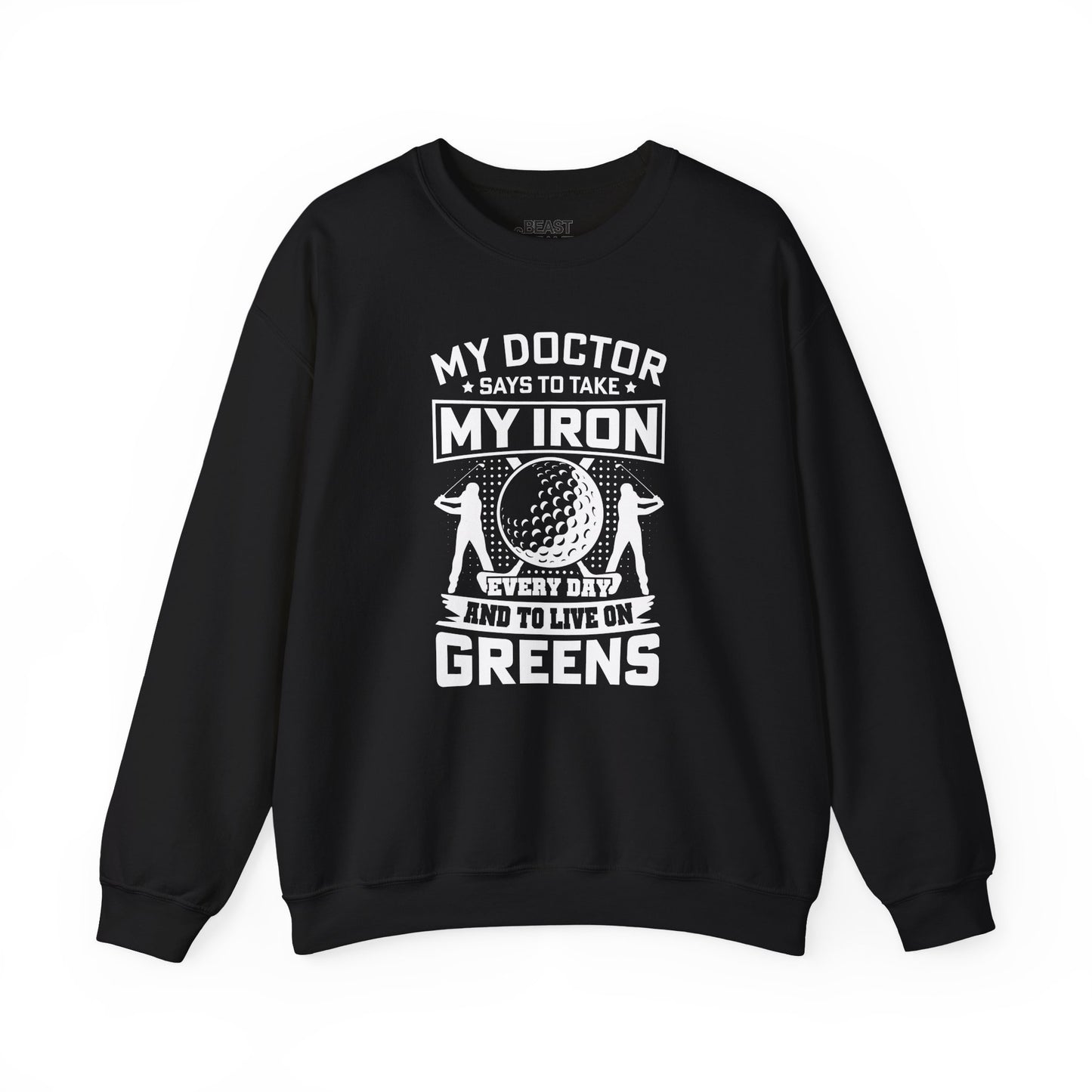 red sweatshirt with my doctor says take my iron every day funny golf sweatshirt close-up