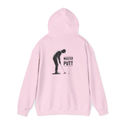 light blue hoodie with master the putt golf design for golfers