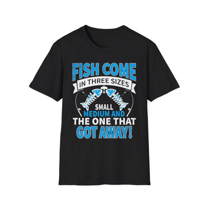 black t-shirt with fish come in three sizes small medium and the one that got away fishing design