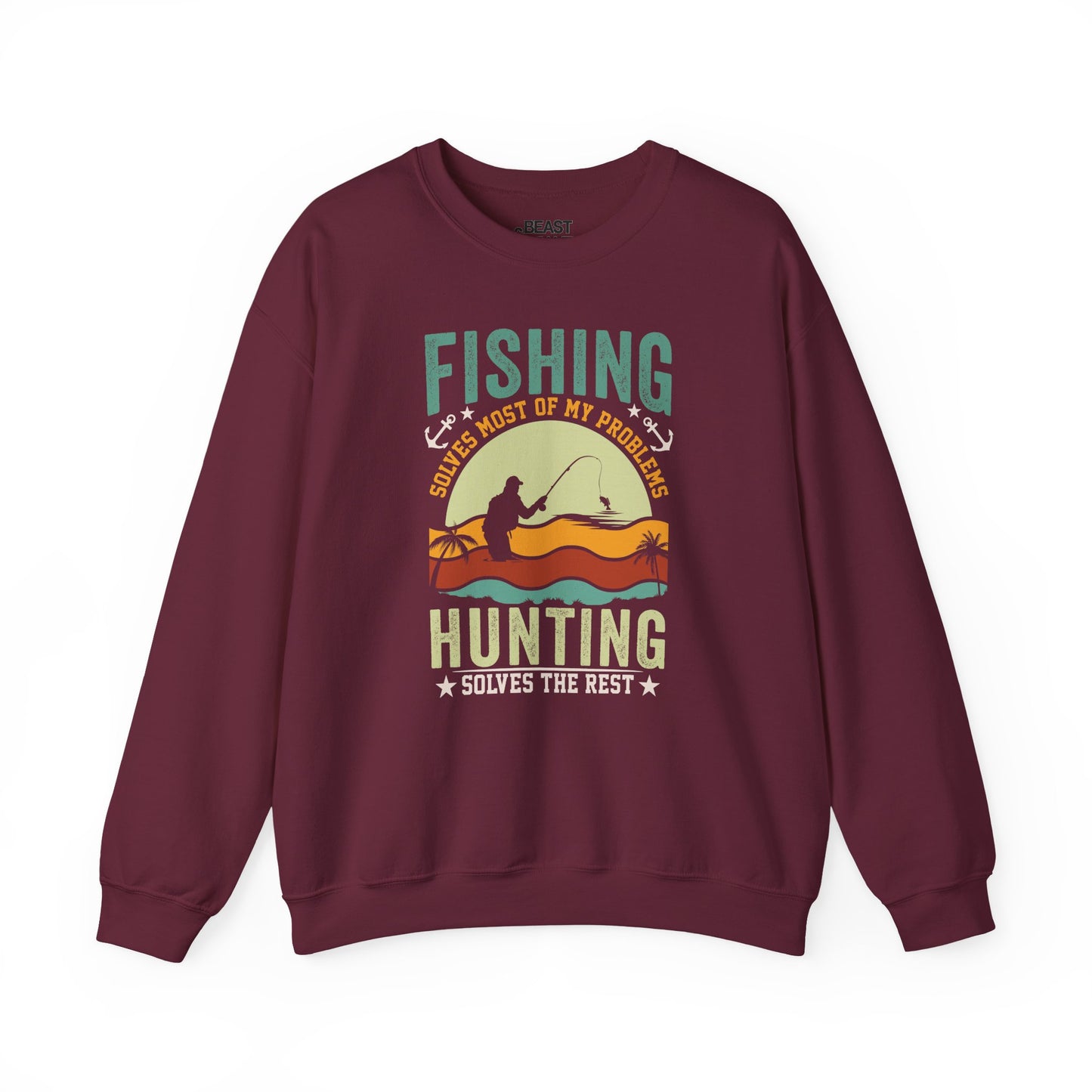 maroon sweatshirt with funny fishing and hunting slogan print for outdoor enthusiasts