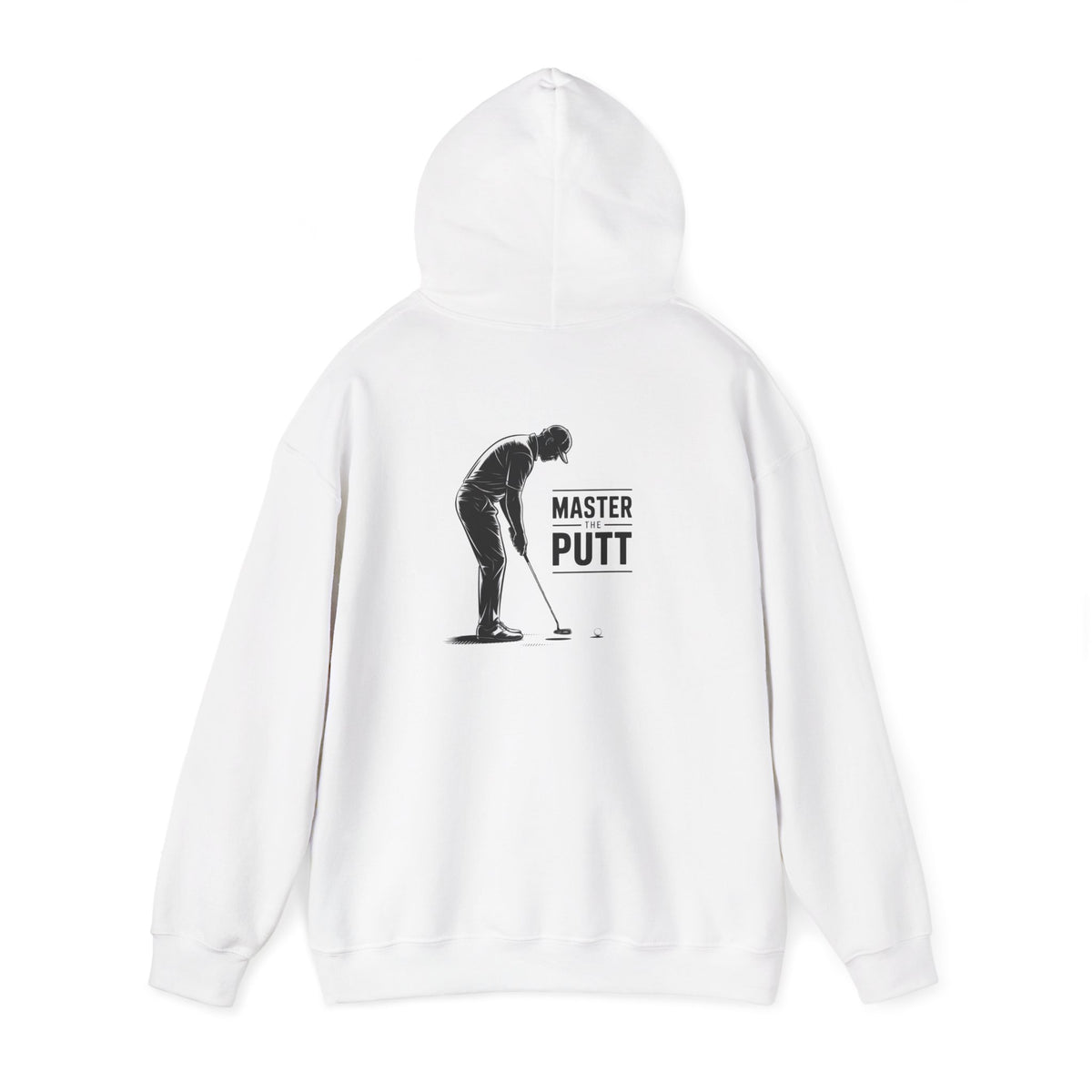 white hoodie with master the putt golf graphic for dad gift