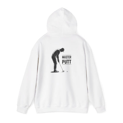 white hoodie with master the putt golf graphic for dad gift