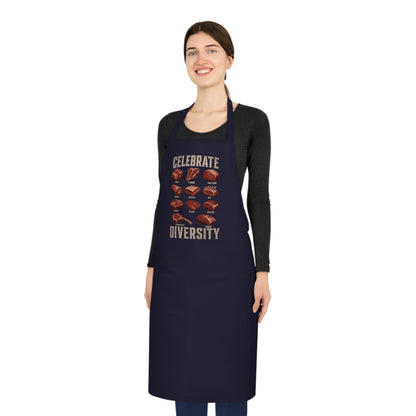 black apron with celebrate diversity bbq meat cuts print front view