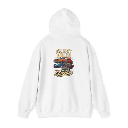 red hoodie with classic car slogan graphic for car enthusiasts