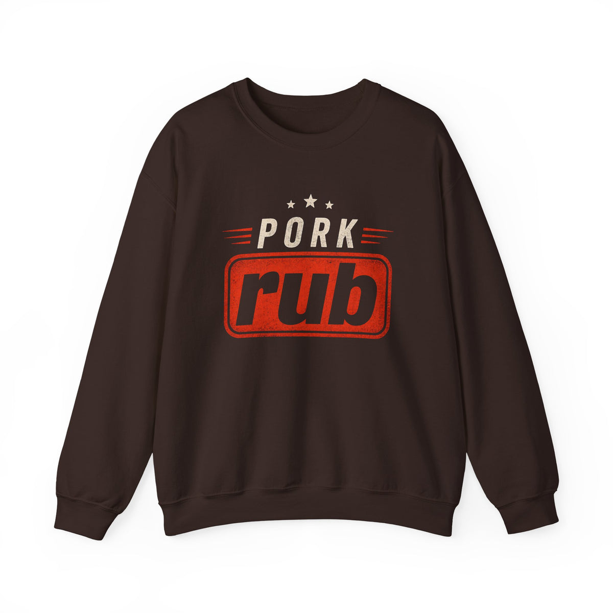 dark chocolate sweatshirt with bold pork rub bbq pitmaster print