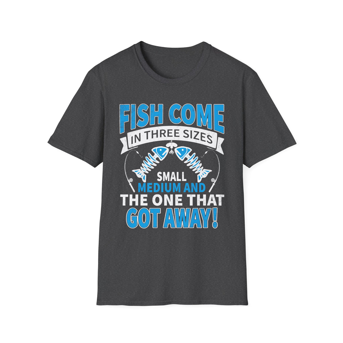navy t-shirt with fishing slogan the one that got away humorous angler graphic