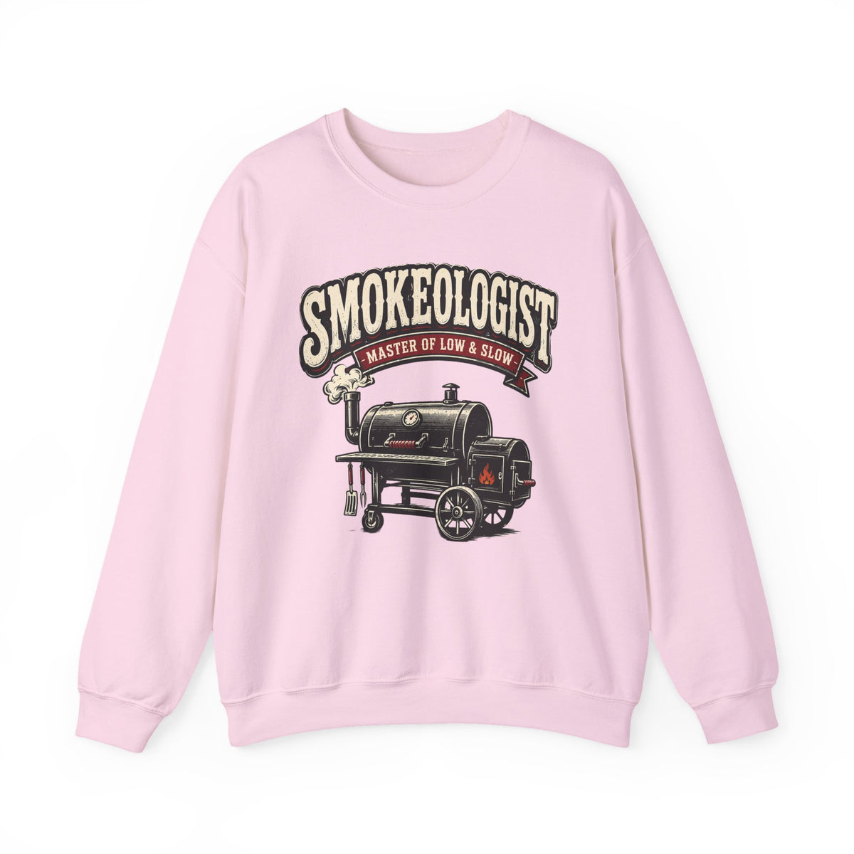 light pink sweatshirt with smokeologist master of low and slow bbq print
