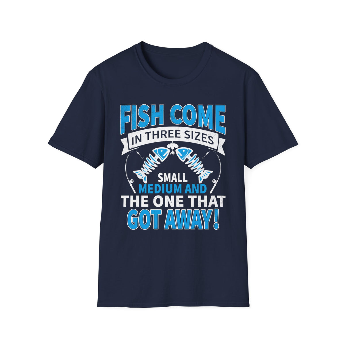 military green t-shirt with humorous fishing slogan the one that got away