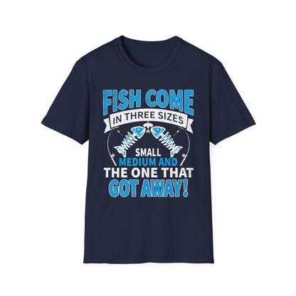 military green t-shirt with humorous fishing slogan the one that got away