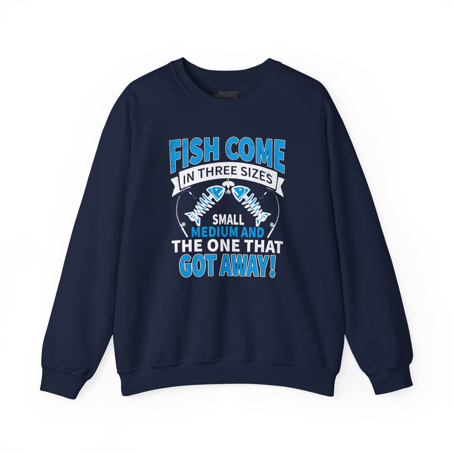 red sweatshirt with fish come in three sizes the one that got away print
